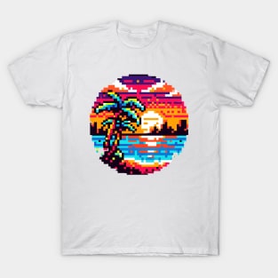 8-Bit Sunset Paradise - Pixel Art Tropical Scenery T-Shirt